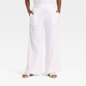 Women's Linen Wide Leg Pull-On Pants - A New Day White S Long